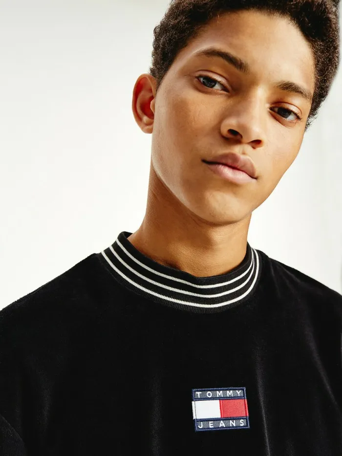 Tommy Hilfiger Tommy Badge Velour Relaxed Fit TShirt Black Mens TShirts Sale