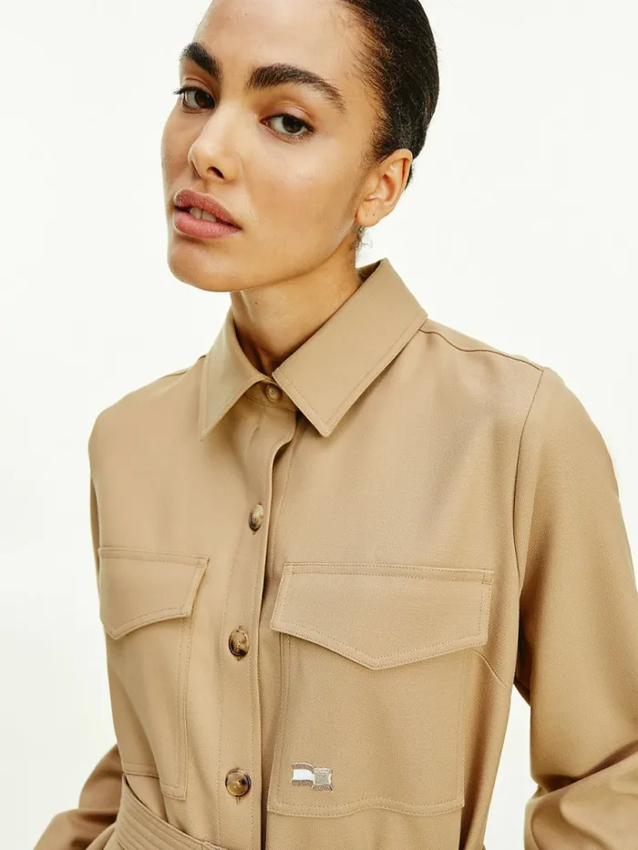 Tommy Hilfiger Tommy Icons Belted Shacket Classic Beige Womens Coats and Jackets Cheap On Sale