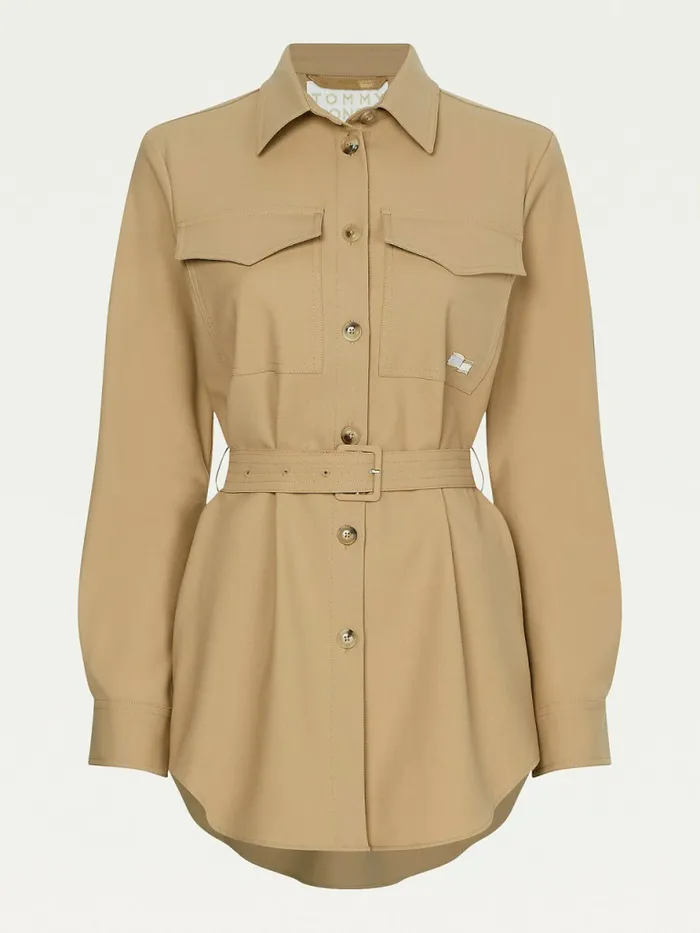 Tommy Hilfiger Tommy Icons Belted Shacket Classic Beige Womens Coats and Jackets Cheap On Sale