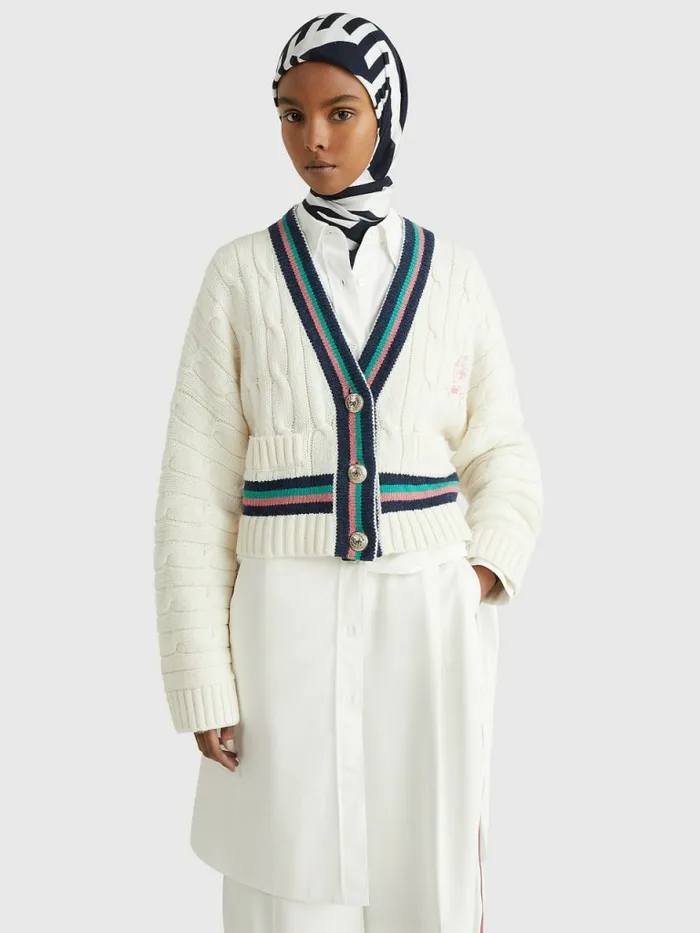 Tommy Hilfiger Tommy Icons Cable Knit Relaxed Cardigan Ecru Womens Knitwear Cheap On Sale Tommy Hilfiger Tommy Icons Cable Knit Relaxed Cardigan Ecru Womens Knitwear Cheap On Sale