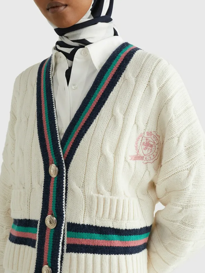 Tommy Hilfiger Tommy Icons Cable Knit Relaxed Cardigan Ecru Womens Knitwear Cheap On Sale