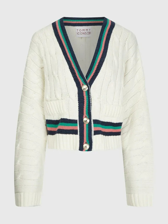 Tommy Hilfiger Tommy Icons Cable Knit Relaxed Cardigan Ecru Womens Knitwear Cheap On Sale