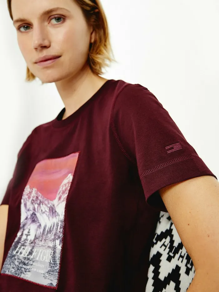 Tommy Hilfiger Tommy Icons Landscape Logo TShirt Deep Burgundy Womens TShirts Near Me