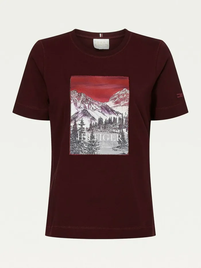 Tommy Hilfiger Tommy Icons Landscape Logo TShirt Deep Burgundy Womens TShirts Near Me