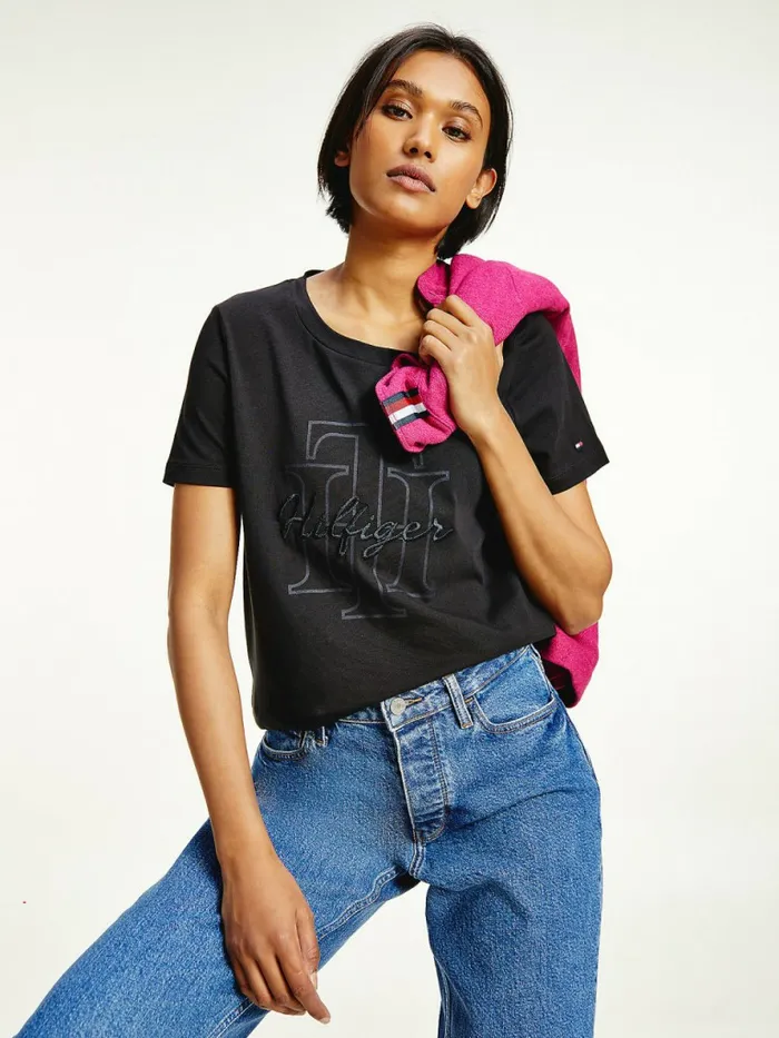 Tommy Hilfiger Tonal Script Logo Organic Cotton TShirt Black Womens TShirts Popular Tommy Hilfiger Tonal Script Logo Organic Cotton TShirt Black Womens TShirts Popular