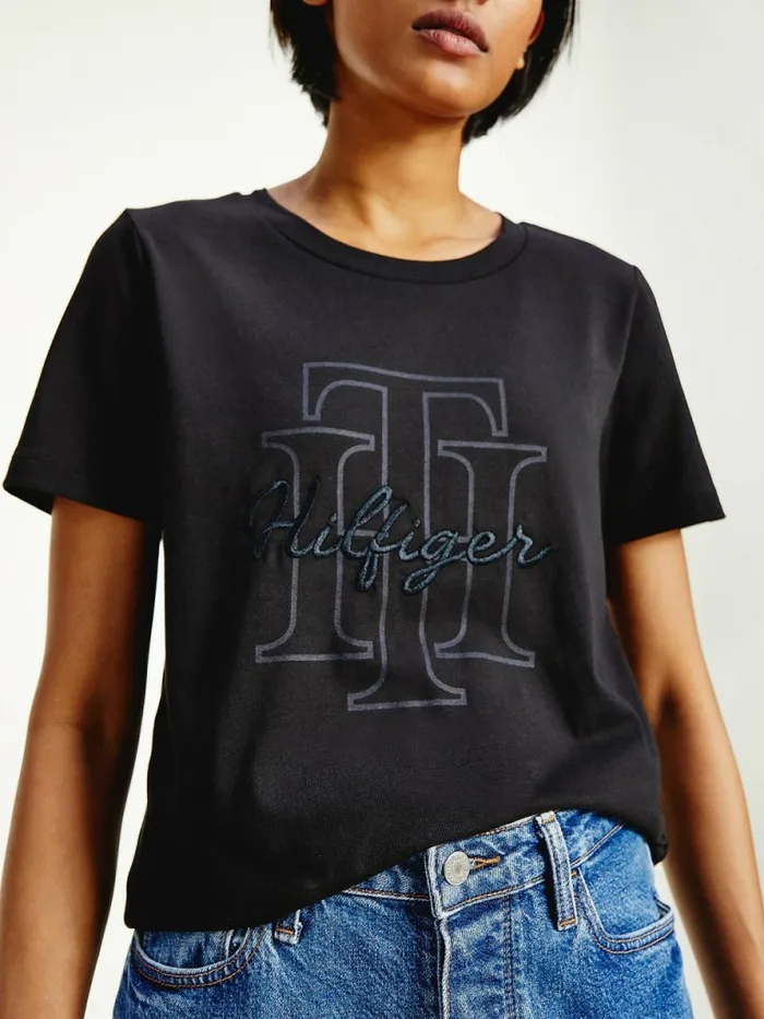 Tommy Hilfiger Tonal Script Logo Organic Cotton TShirt Black Womens TShirts Popular