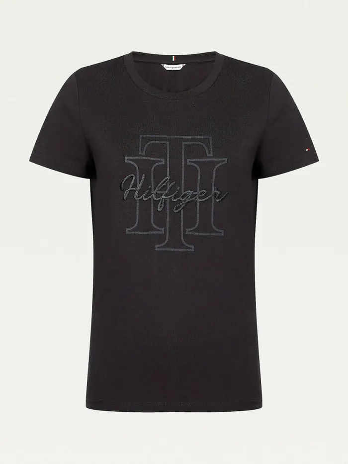 Tommy Hilfiger Tonal Script Logo Organic Cotton TShirt Black Womens TShirts Popular