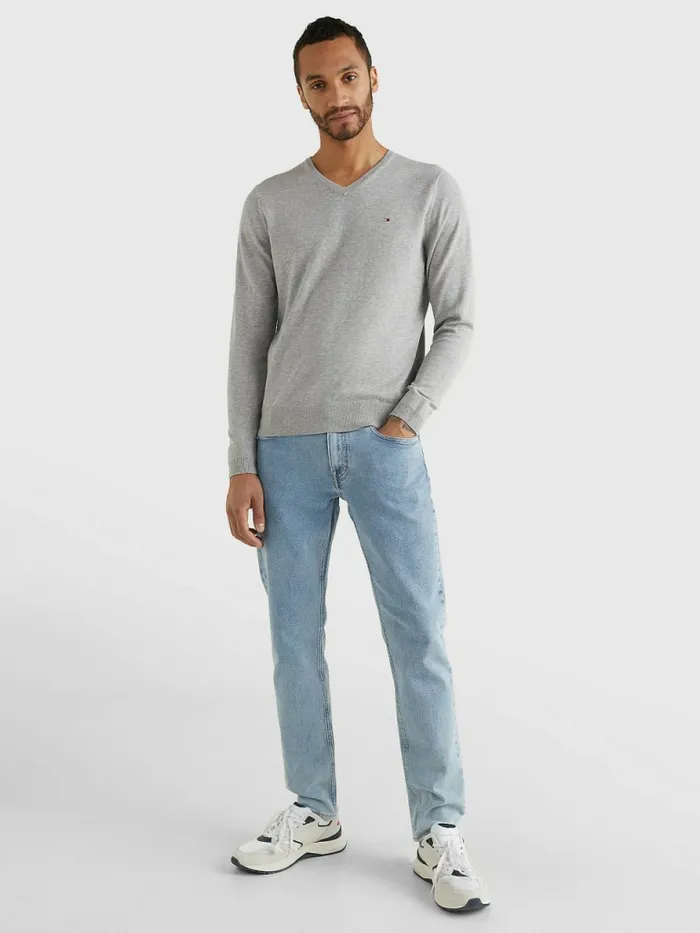 Tommy Hilfiger VNeck Cotton Blend Sweatshirt Cloud Htr Mens Essentials