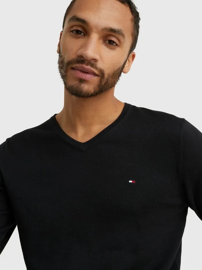Tommy Hilfiger VNeck Cotton Blend Sweatshirt Flag Black Mens Essentials