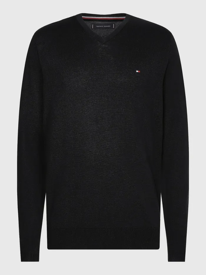 Tommy Hilfiger VNeck Cotton Blend Sweatshirt Flag Black Mens Essentials