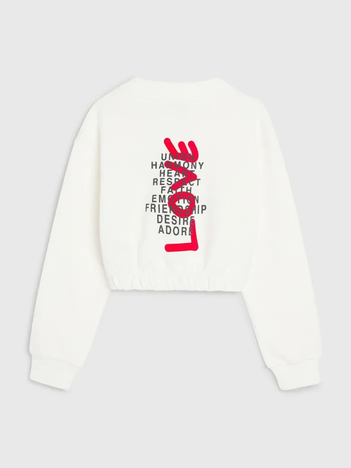 Tommy Hilfiger Valentines Heart Print Cropped Sweatshirt Ecru Girls Sweatshirts and Hoodies For Sale