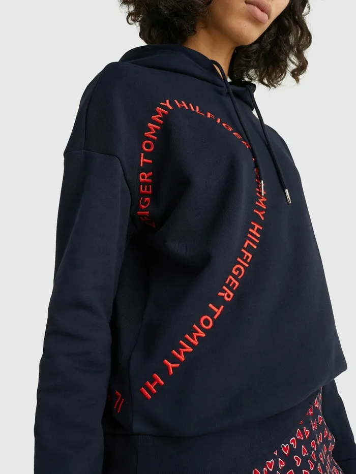 Tommy Hilfiger Valentines Heart Print Relaxed Fit Hoody Desert Sky Womens Sweatshirts and Hoodies Fashion