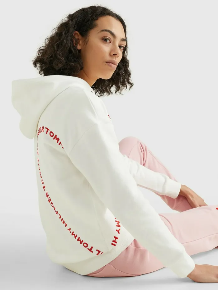 Tommy Hilfiger Valentines Heart Print Relaxed Fit Hoody Ecru Womens Sweatshirts and Hoodies On Sale