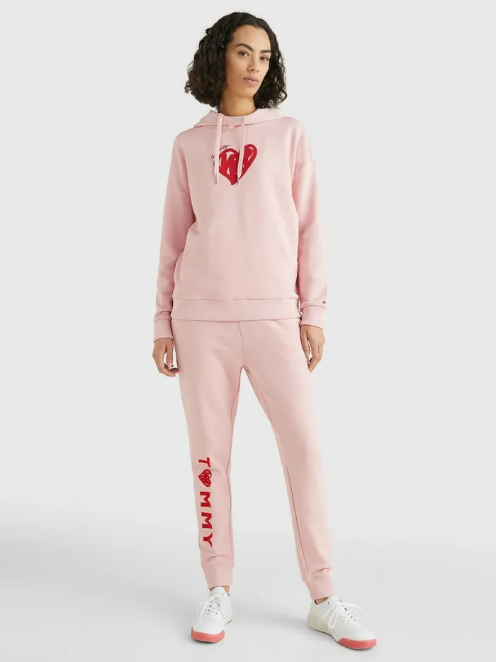 Tommy Hilfiger Valentines Heart Print Relaxed Fit Hoody Glacier Pink Womens Sweatshirts and Hoodies Sale