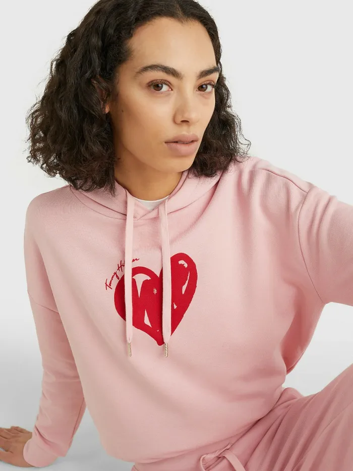 Tommy Hilfiger Valentines Heart Print Relaxed Fit Hoody Glacier Pink Womens Sweatshirts and Hoodies Sale