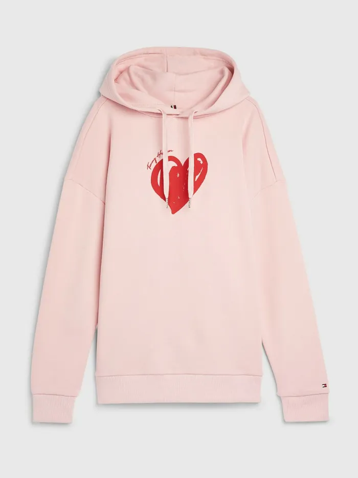 Tommy Hilfiger Valentines Heart Print Relaxed Fit Hoody Glacier Pink Womens Sweatshirts and Hoodies Sale