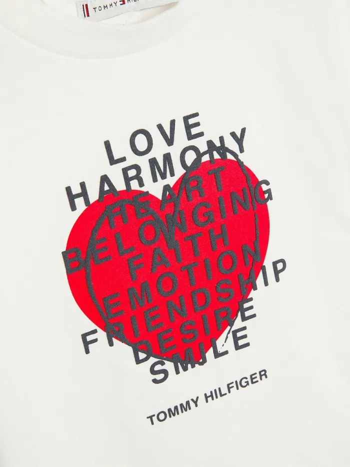 Tommy Hilfiger Valentines Heart Text Print TShirt Ecru Girls Tops and TShirts Gift for Friend