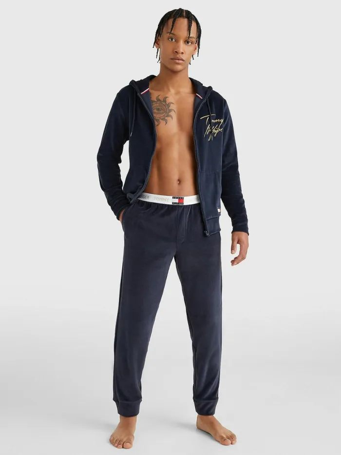 Tommy Hilfiger Velour Repeat Logo Joggers Desert Sky Mens Loungewear and Nightwear