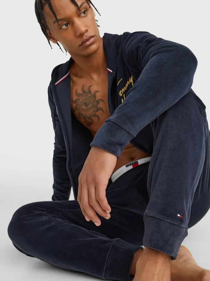 Tommy Hilfiger Velour Repeat Logo Joggers Desert Sky Mens Loungewear and Nightwear