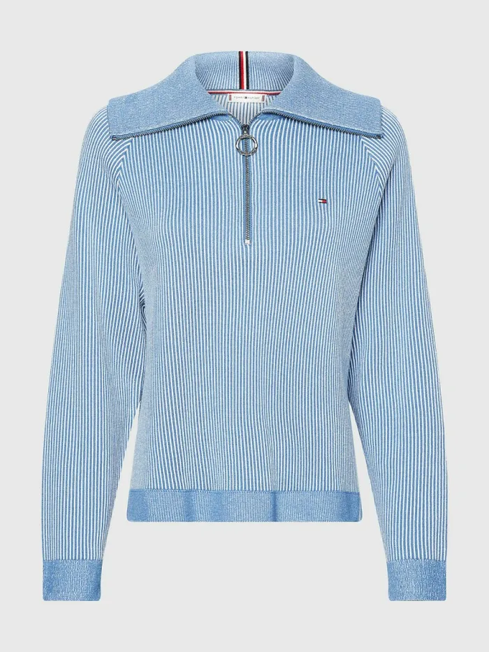 Tommy Hilfiger Vertical Stripe Half Zip Sweatshirt Breezy BlueEcru Stp Swt Womens Knitwear Gift for Friend