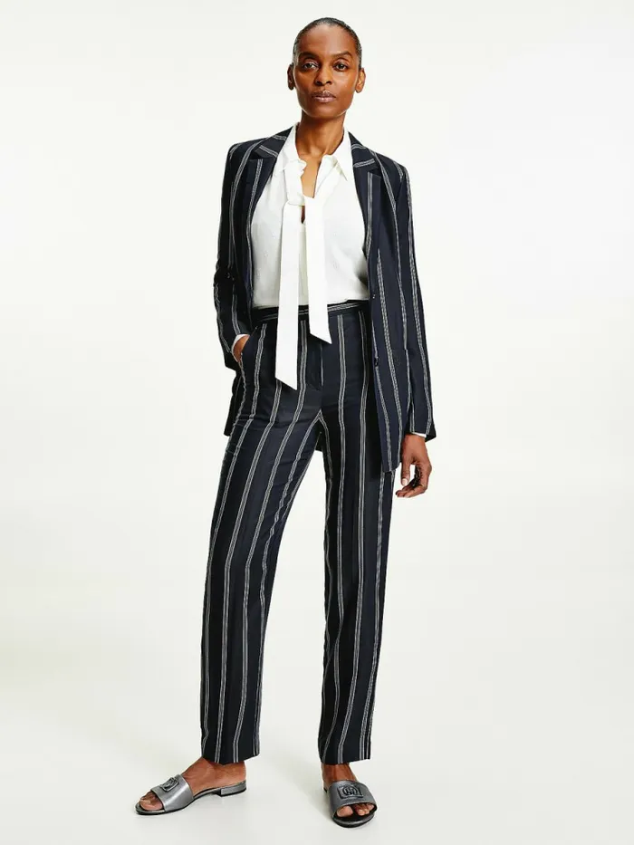 Tommy Hilfiger Viscose Stripe Tapered Trousers BlackWhite Stripe Cw Womens CoOrds Tommy Hilfiger Viscose Stripe Tapered Trousers BlackWhite Stripe Cw Womens CoOrds