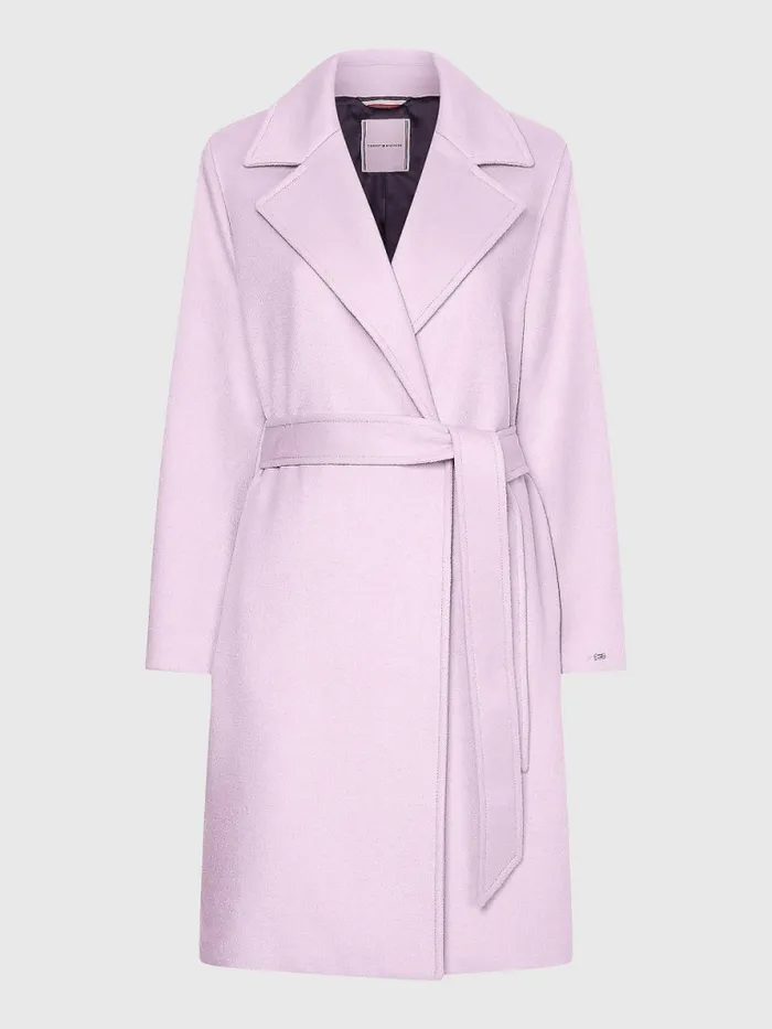 Tommy Hilfiger Wool Blend Belted Coat Luminous Lilac Womens Coats and Jackets Sale