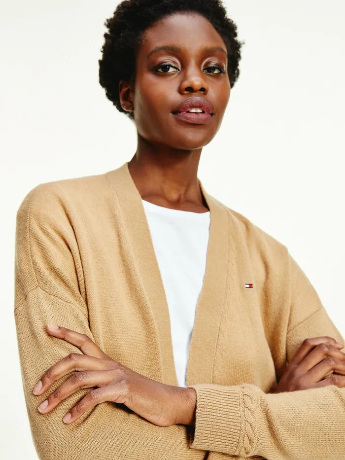 Tommy Hilfiger Wool Open VNeck Cardigan Countryside Khaki Womens Knitwear On Sale