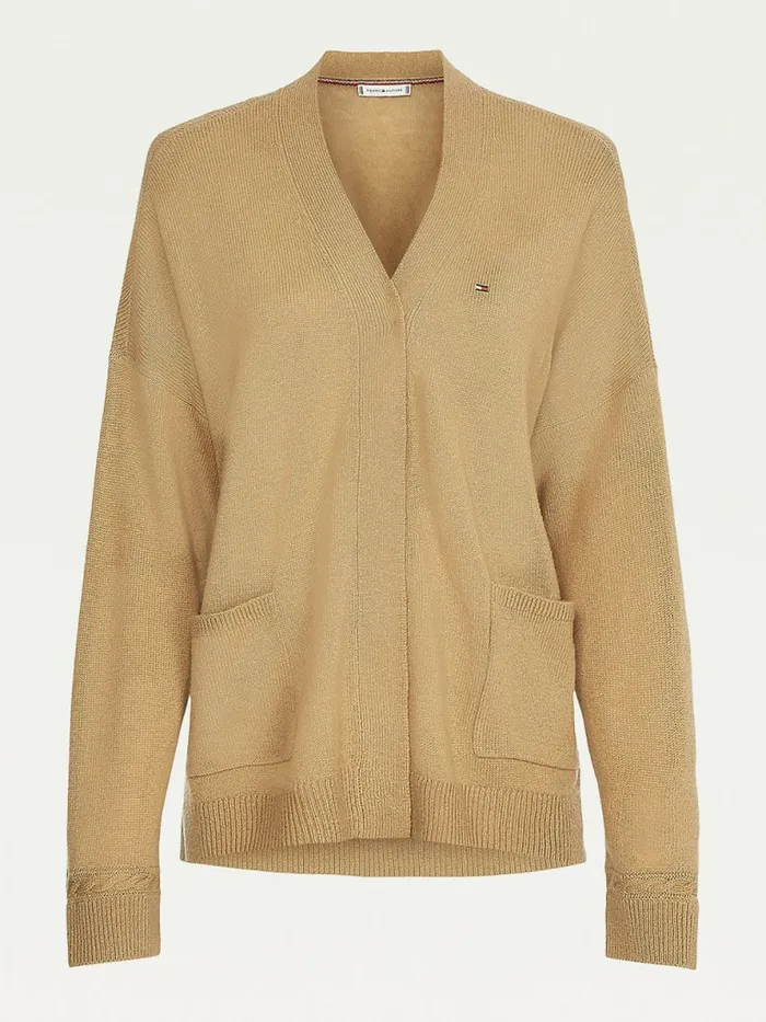 Tommy Hilfiger Wool Open VNeck Cardigan Countryside Khaki Womens Knitwear On Sale