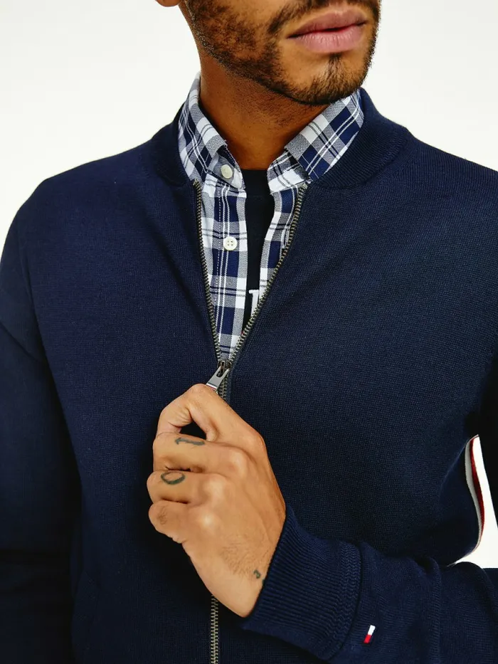 Tommy Hilfiger ZipThru Baseball Collar Cardigan Desert Sky Mens Knitwear Fashion