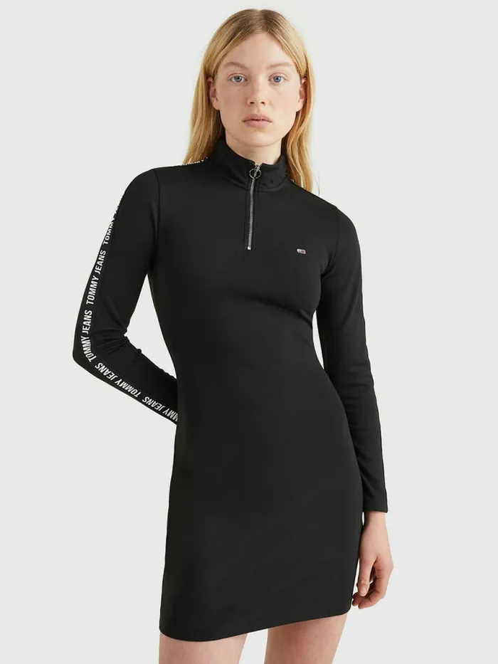 Tommy Hilfiger ZipThru Logo Tape Bodycon Dress Black Womens Dresses and Jumpsuits For Sale Tommy Hilfiger ZipThru Logo Tape Bodycon Dress Black Womens Dresses and Jumpsuits For Sale