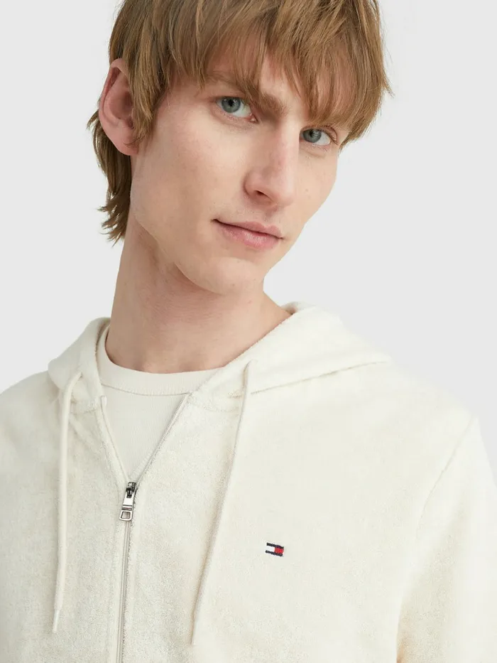 Tommy Hilfiger ZipThru Towelling Hoody Feather White Mens Sweatshirts and Hoodies Fashion