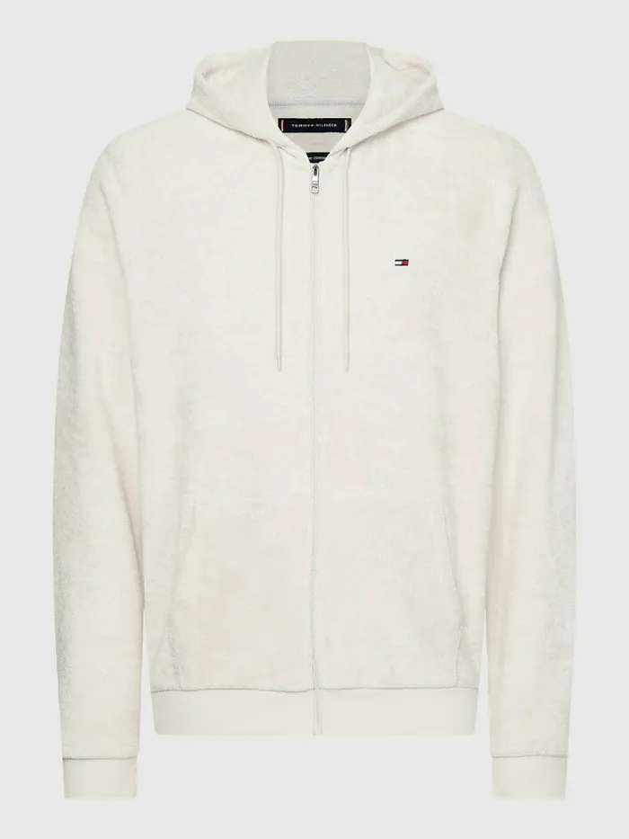 Tommy Hilfiger ZipThru Towelling Hoody Feather White Mens Sweatshirts and Hoodies Fashion