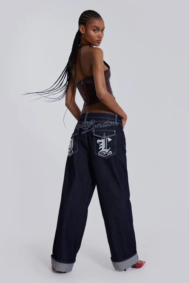 Tops Women Jaded London Shop Sonic Embroidered Baggy Jeans