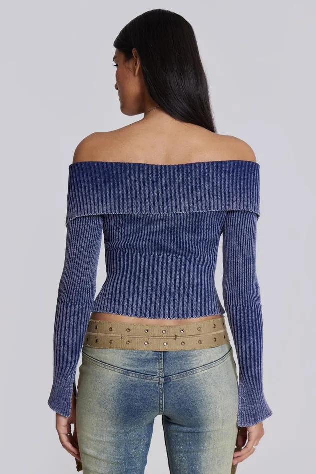 Tops Women Jaded London Shop Tribeca Blue Ribbed Off The Shoulder Knit