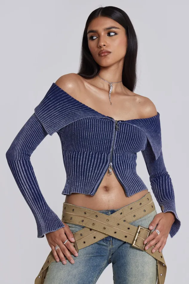 Tops Women Jaded London Shop Tribeca Blue Ribbed Off The Shoulder Knit