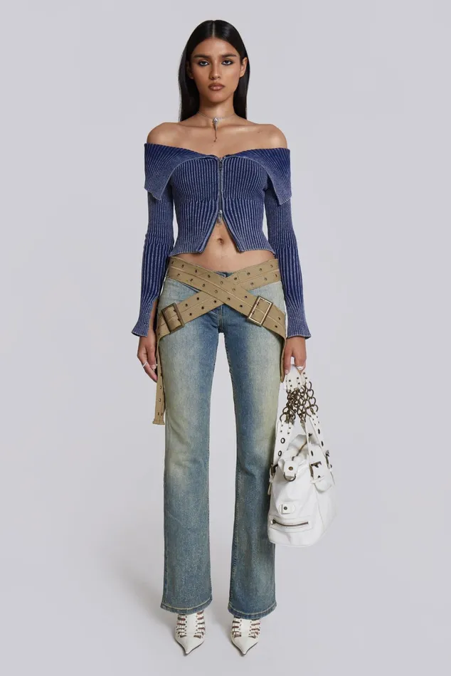 Tops Women Jaded London Shop Tribeca Blue Ribbed Off The Shoulder Knit