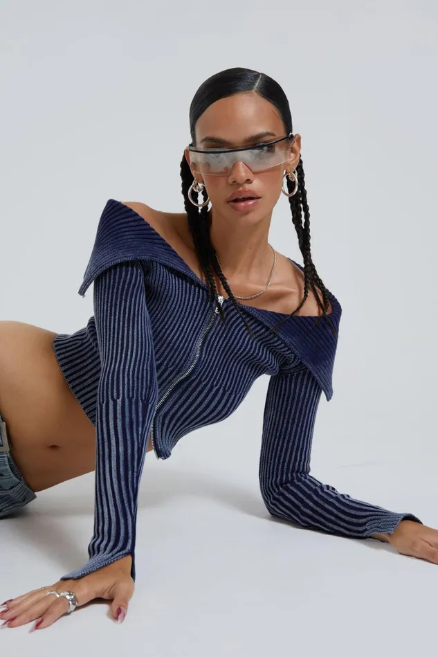 Tops Women Jaded London Shop Tribeca Blue Ribbed Off The Shoulder Knit