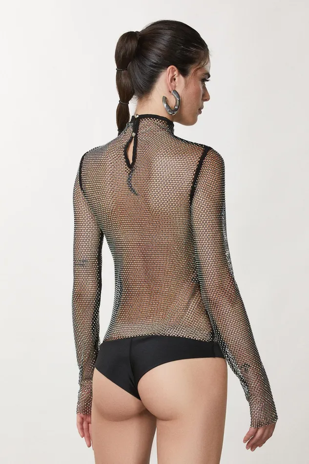 Tops Women Patrizia Pepe Rhinestone Mesh Bodysuit Nero