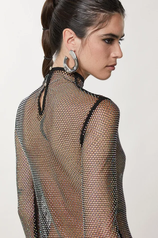 Tops Women Patrizia Pepe Rhinestone Mesh Bodysuit Nero
