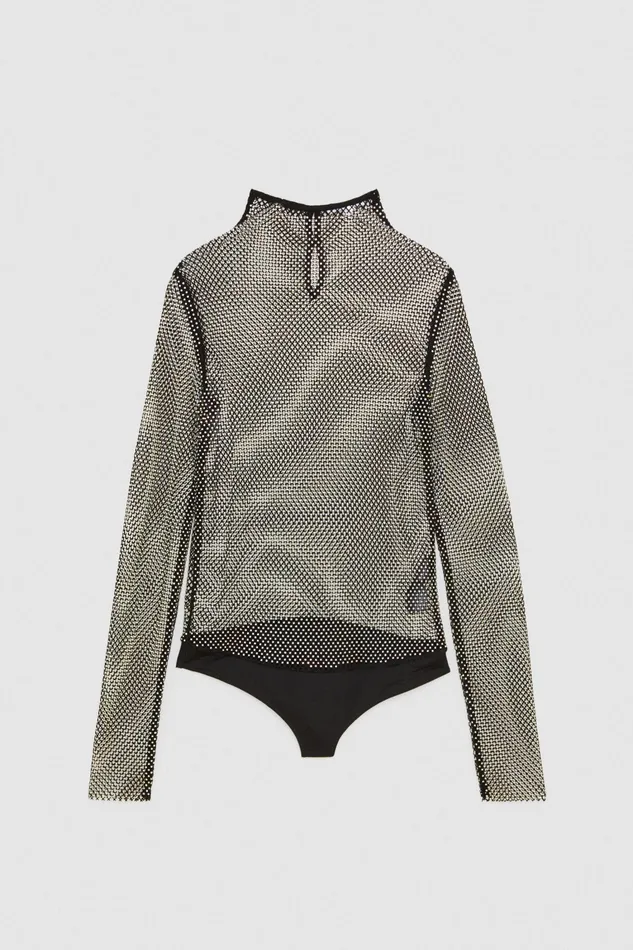 Tops Women Patrizia Pepe Rhinestone Mesh Bodysuit Nero