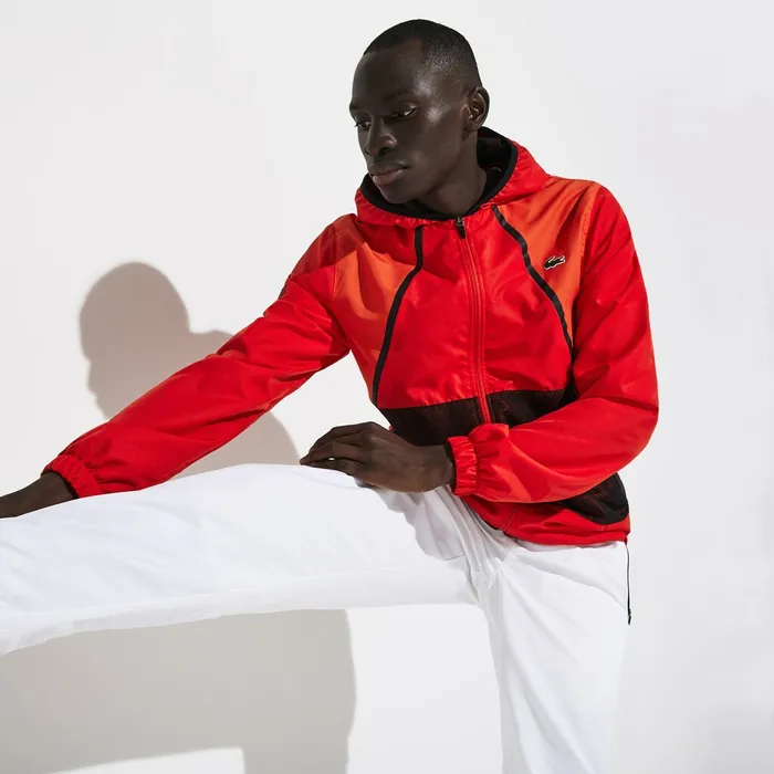 Tracksuits Lacoste Mens SPORT Mesh Inset Hooded Colorblock Tracksuit RedWhiteBlack Gift for Friend