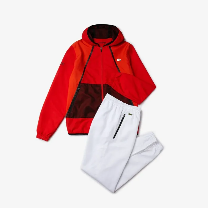 Tracksuits Lacoste Mens SPORT Mesh Inset Hooded Colorblock Tracksuit RedWhiteBlack Gift for Friend