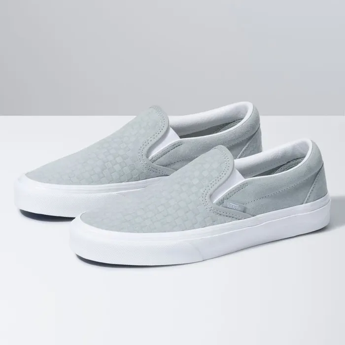 Vans Classics Shoes MensWomens Emboss Mini Check Classic SlipOn Mirage GrayTrue White