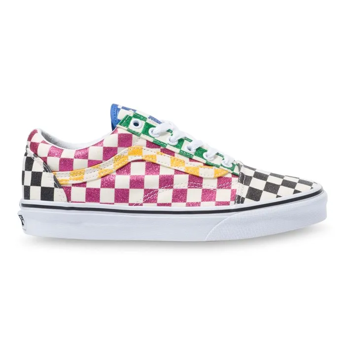 Vans Classics Shoes Womens Glitter Check Old Skool MultiTrue White Vans Classics Shoes Womens Glitter Check Old Skool MultiTrue White