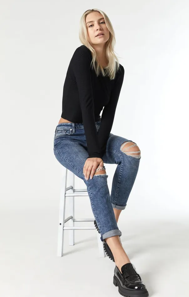 Women Ada Boyfriend Jeans In Mid Ripped Recycle Blue Mavi Jeans Denim