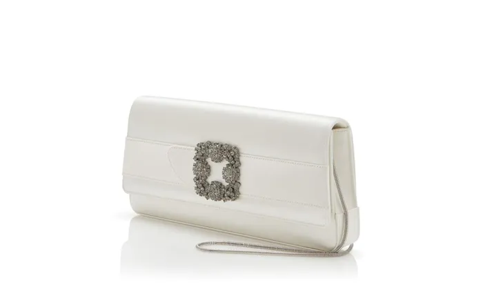 Women Bags Manolo Blahnik GOTHISI Light Cream Satin Jewel Buckle Clutch