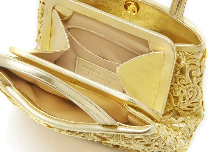 Women Bags Manolo Blahnik PETIT Gold Nappa Leather And Lace Macram Mini Handbag Women Bags Manolo Blahnik PETIT Gold Nappa Leather And Lace Macram Mini Handbag