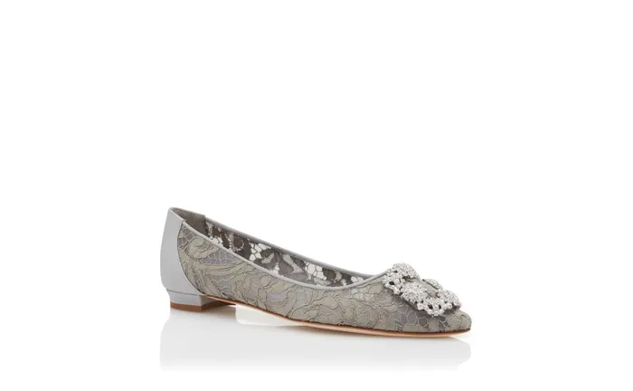 Women Ballerinas Manolo Blahnik HANGISIFLAT Grey Lace Jewel Buckle Flat Shoes Women Ballerinas Manolo Blahnik HANGISIFLAT Grey Lace Jewel Buckle Flat Shoes