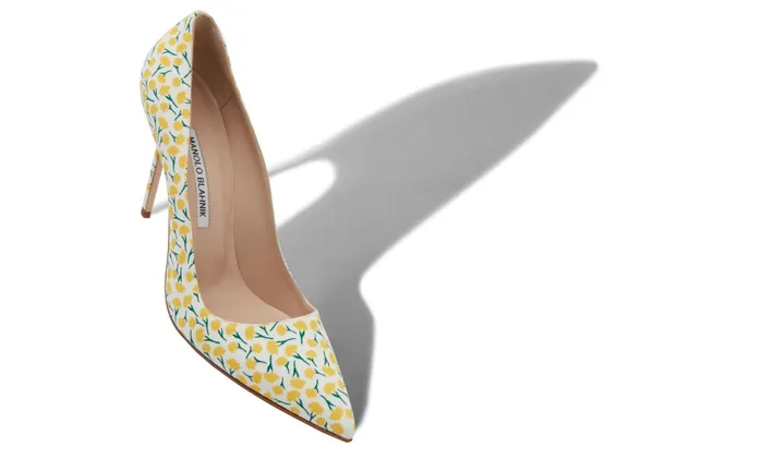 Women BB Manolo Blahnik BB Yellow Cotton Floral Pattern Pointed Toe Pumps