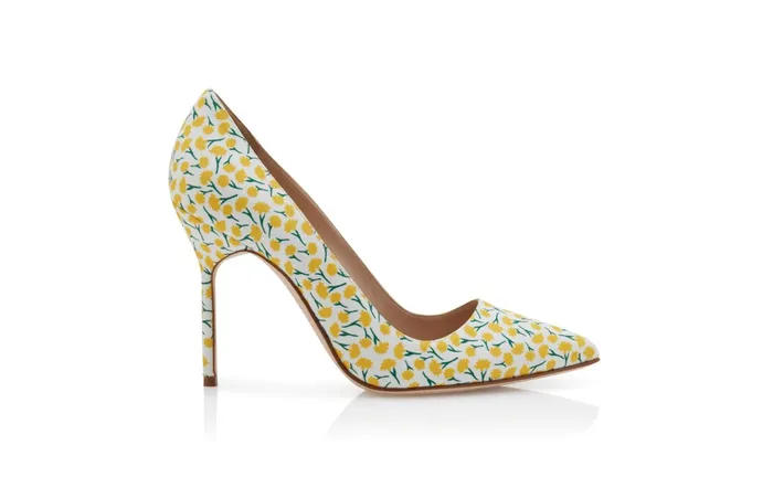 Women BB Manolo Blahnik BB Yellow Cotton Floral Pattern Pointed Toe Pumps